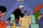 Ilustração de pessoas em um jantar olhando o celular