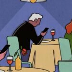 Ilustração de pessoas em um jantar olhando o celular