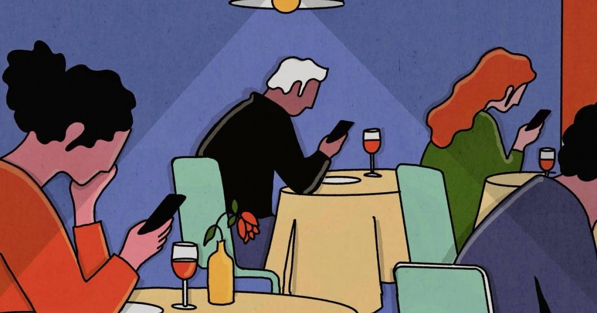 Ilustração de pessoas em um jantar olhando o celular