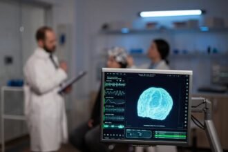 Médicos acompanham sinais cerebrais em monitor durante teste