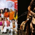 Grupo de artistas reunidos e músico tocando violão em show