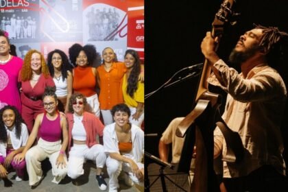 Grupo de artistas reunidos e músico tocando violão em show
