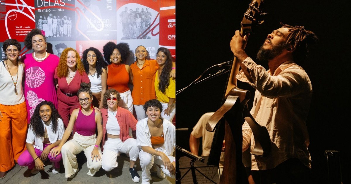 Grupo de artistas reunidos e músico tocando violão em show