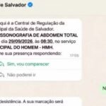 Mensagem da Prefeitura de Salvador pedindo confirmação de consulta no WhatsApp