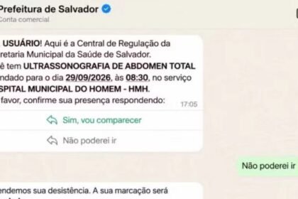 Mensagem da Prefeitura de Salvador pedindo confirmação de consulta no WhatsApp
