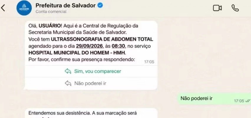 Mensagem da Prefeitura de Salvador pedindo confirmação de consulta no WhatsApp