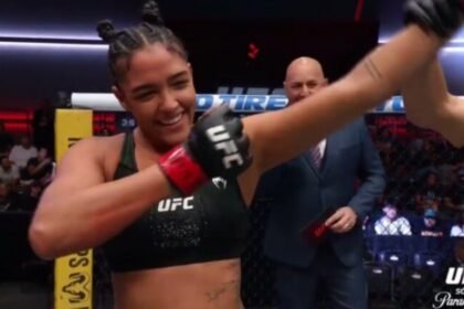 Lutadora Alice Pereira comemora vitória no octógono do UFC