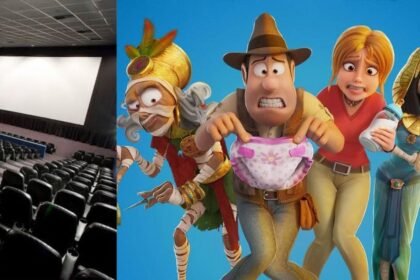 Interior de sala de cinema vazia com poltronas vermelhas