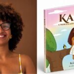 Escritora Kátia Letícia sorrindo ao lado da capa do livro Kalê