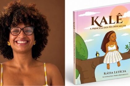 Escritora Kátia Letícia sorrindo ao lado da capa do livro Kalê