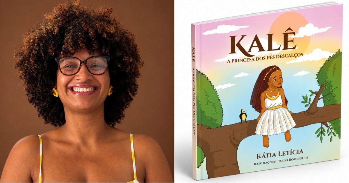 Escritora Kátia Letícia sorrindo ao lado da capa do livro Kalê