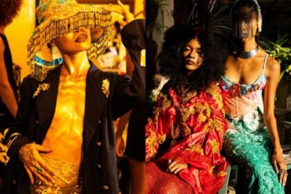 Modelos desfilam looks produzidos com peças de brechó