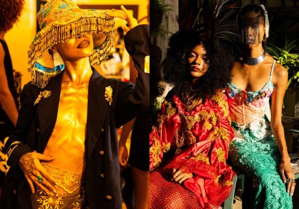 Modelos desfilam looks produzidos com peças de brechó