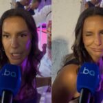 Ivete Sangalo fala ao microfone durante evento em Salvador