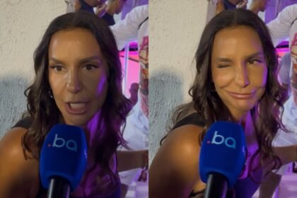 Ivete Sangalo fala ao microfone durante evento em Salvador