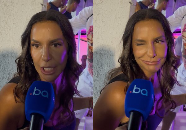 Ivete Sangalo fala ao microfone durante evento em Salvador