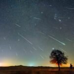 Céu estrelado com rastros de meteoros sobre uma árvore