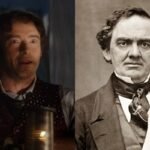 Montagem com ator e retrato antigo de P. T. Barnum