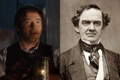 Montagem com ator e retrato antigo de P. T. Barnum