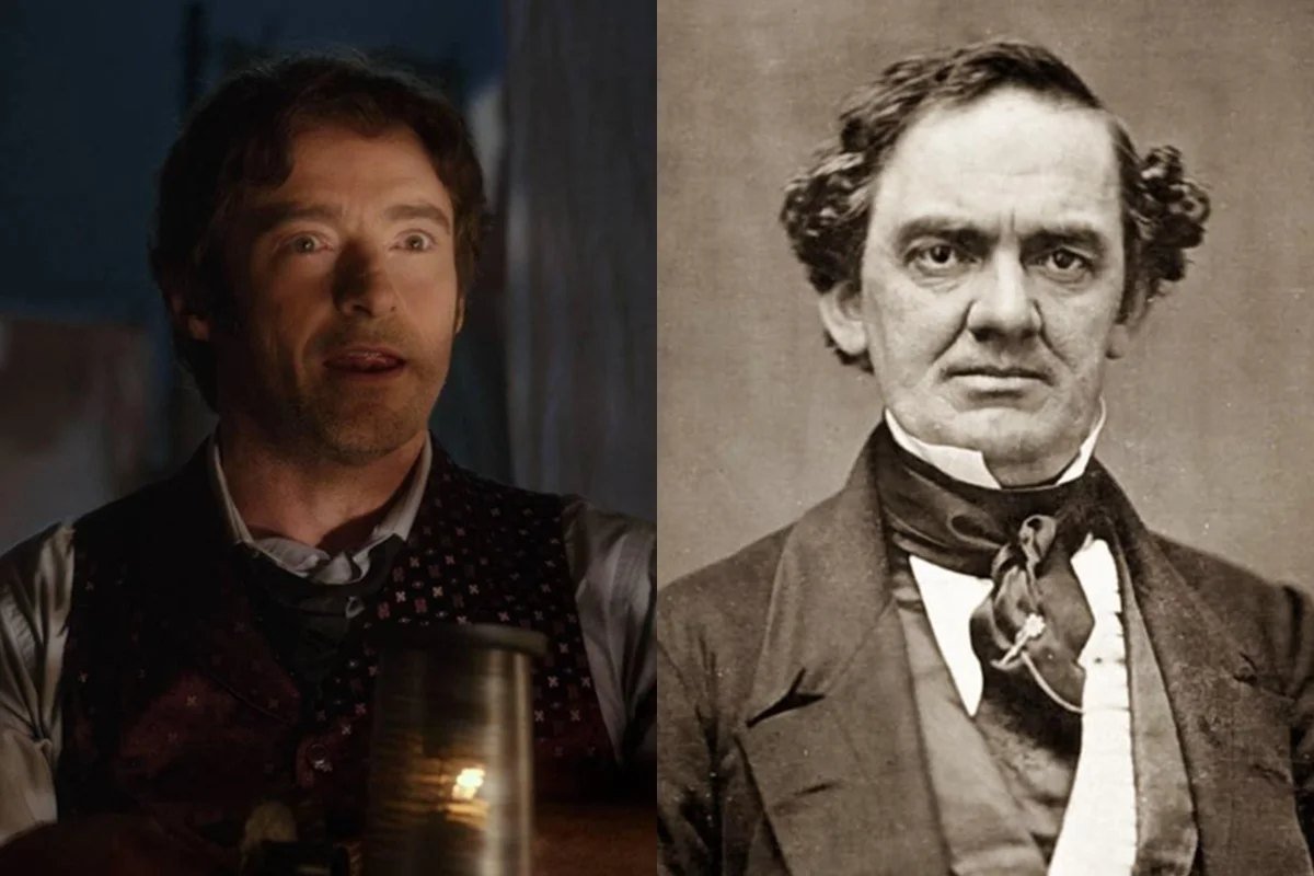Montagem com ator e retrato antigo de P. T. Barnum
